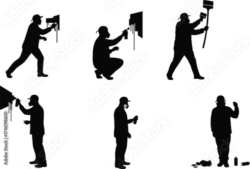 Wall painting and graffiti silhouette vector set, urban art icons, spray and brush poses, printable creative design, street artwork