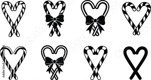 Black and white candy cane heart vector set, festive holiday icons, Christmas love design, printable romantic artwork, winter-themed illustration