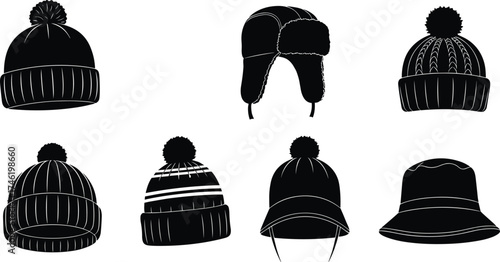 Winter hat silhouette set, black and white headwear illustrations, festive beanie and trapper graphics, seasonal fashion design elements collection