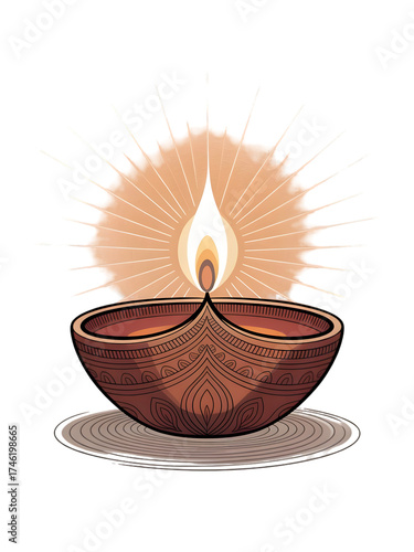 Traditional Indian Diya oil lamp with glowing flame and radiating light, symbolizing the Hindu festival of Diwali.