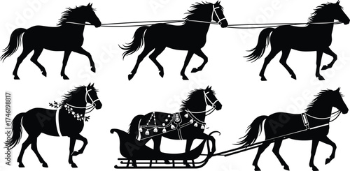 Horse-drawn sleigh silhouette set, festive winter transport graphics, holiday carriage artwork, decorative harness design, black equestrian seasonal illustration collection