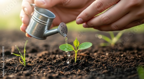 Hands gently watering a young seedling with a miniature watering can in rich soil symbolizing growth nurturing and the beginning of new life in a garden setting outdoors