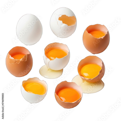 Fresh Raw Eggs Collection: Assortment of Whole, Cracked, and Broken White and Brown Eggs with Spilled Yolks and Whites, Isolated on transparent background. Transparent Object PNG File