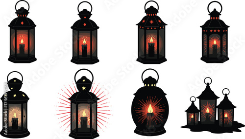 Black and red lantern vector set, glowing candle icons, festive holiday design, cultural celebration artwork, printable decorative light illustration