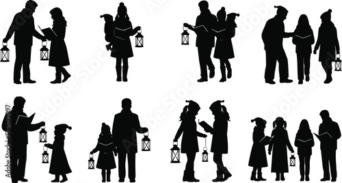 Winter lantern silhouette set, festive holiday character graphics, black and white caroling illustrations, seasonal storytelling and Christmas design collection