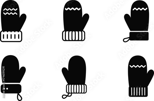 Black mitten icon illustrations, winter glove designs, zigzag patterns, cuff variations, cozy handwear,