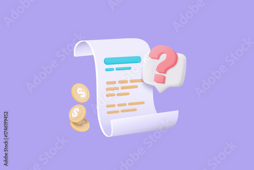 3D bill for payment transaction with money coin. Business invoice bill expenses idea with question mark sign or ask FAQ and Q&A answer solution information concept. 3d icon vector render illustration