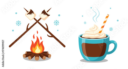 Cozy winter treats featuring roasted marshmallows over a campfire and a steaming mug of hot chocolate.