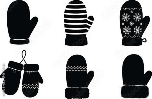 Black winter mitten silhouettes, cozy glove designs, snowflake patterns, furry cuffs, ribbon detail, seasonal fashion, cold weather handwear, vector icon art
