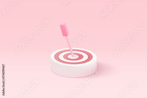 3d minimal excellent business idea goals. Leadership for successful  under creative concept in pastel background. 3d arrow hit center of target vector render on isolated pink background