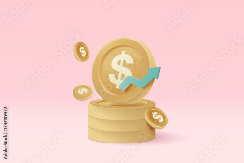 3D money coin saving on pastel purple background. bundles cash and floating coins exchange with finance business concept, earning investment. 3d vector icon trading for investment render illustration