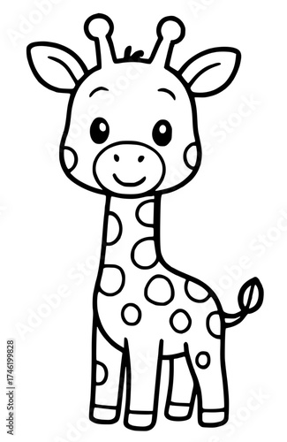 Vector for coloring, cute cartoon giraffe smiling happily
