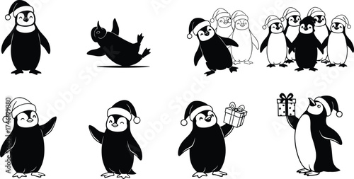 Christmas penguin silhouette illustrations, Santa hat cartoon icons, festive gift exchange, holiday characters