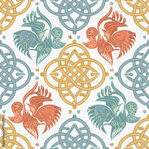 A seamless Celtic animal knot pattern featuring intertwined creatures. Ideal for historical prints, fantasy projects, and tattoo-style art.