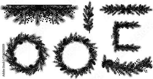 Pine branch silhouette, berry wreath frame, holiday botanical decor, Christmas nature vector, black and white ornament