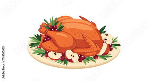 A perfectly roasted golden brown turkey garnished with fresh rosemary and red berries served on a platter with apple slices.