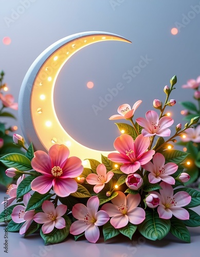 Luminous Silver Moon with Blossoms and Fairy Lights