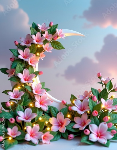 Luminous Silver Crescent Moon with Blossoms and Fairy Lights