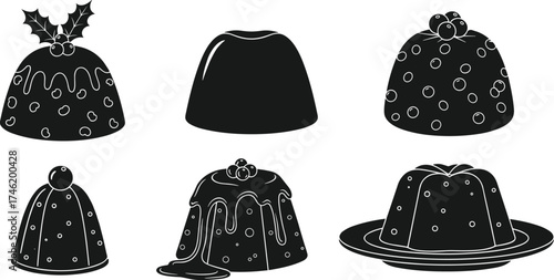 Holiday pudding silhouette set, festive dessert illustrations, black and white sweet treat graphics, Christmas cake designs, seasonal culinary artwork collection