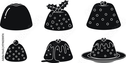 Holiday pudding silhouette set, festive dessert illustrations, black and white seasonal treat graphics, Christmas sweet design, decorative cake artwork collection