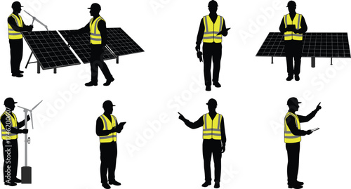 Renewable energy worker silhouette vector set, solar and wind inspection icons, safety gear design, printable green energy artwork, field illustration