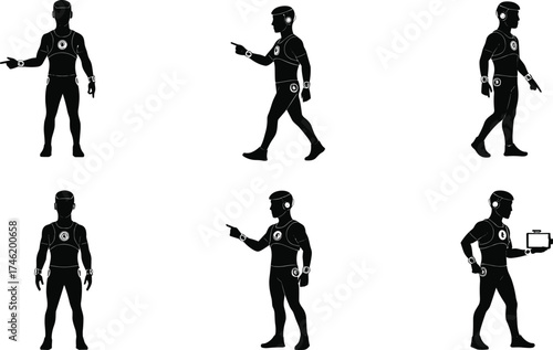Cyborg robot silhouette, mechanical joints, futuristic posture, tablet interaction, humanoid figure, walking gesture