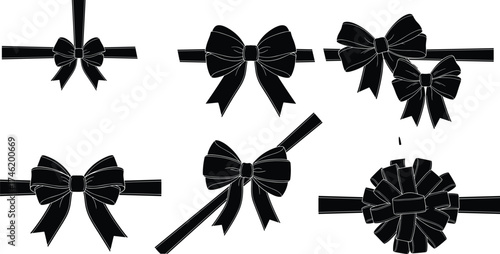 Black ribbon bow set, stitched gift wrap designs, decorative silhouette elements, elegant craft illustration, festive packaging graphic, stylish bow collection