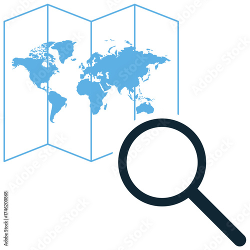 Search global map icon vector. Ideal for international lookup, worldwide navigation, and discovery themes. This graphic signifies the function of finding a place or data on a world map.