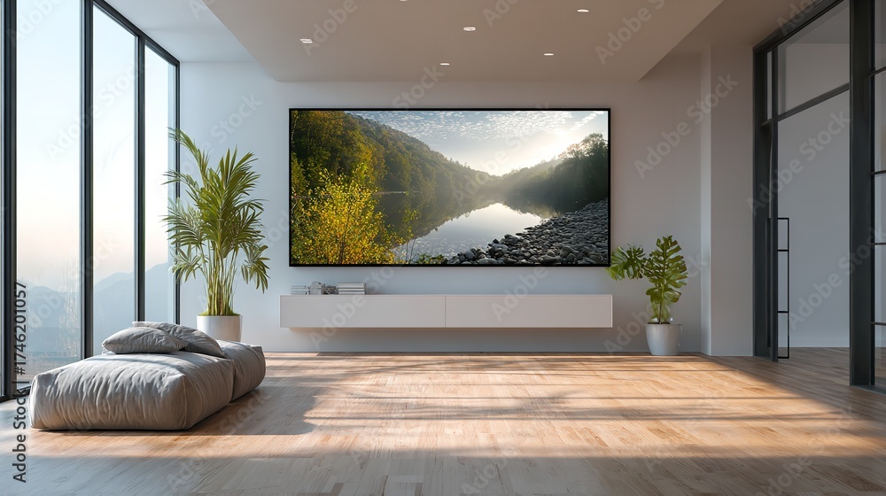 Fototapeta premium Bright and Airy Living Room with Nature Inspired Television Display and Minimalist Design Elements