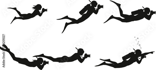 Scuba diver silhouette vector set, underwater photography icons, marine exploration design, printable ocean artwork, dynamic swimming and camera poses