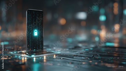 Futuristic Smartphone with Digital Security Lock Concept on Glowing Circuit Board Background