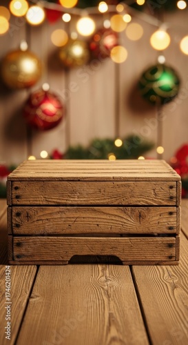 A wooden crate with a green and red ball on top