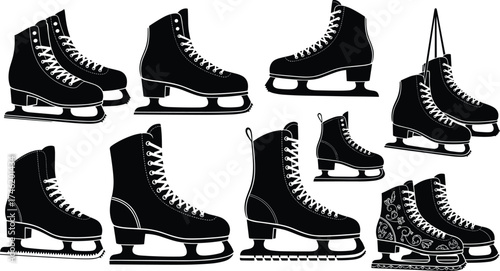Ice skate collection, black and white illustration, vintage hockey blades, figure skates,