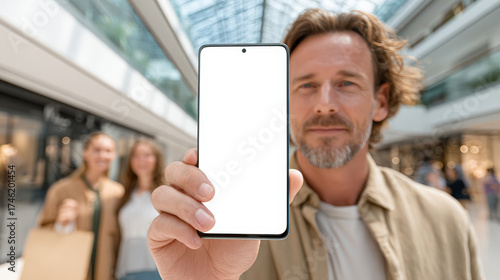 Man Holding Smartphone with Blank White Screen in Modern Shopping Mall Interior