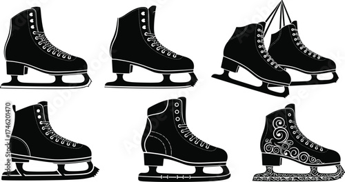 Ice skate silhouettes, black and white design, winter sports gear, vintage footwear,