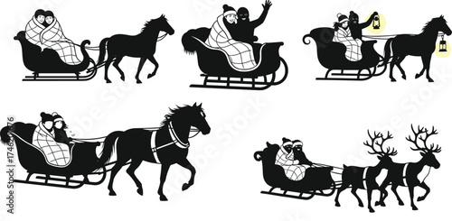 Winter sleigh ride silhouette, horse and reindeer pulling, festive couple in sleigh, holiday travel scene