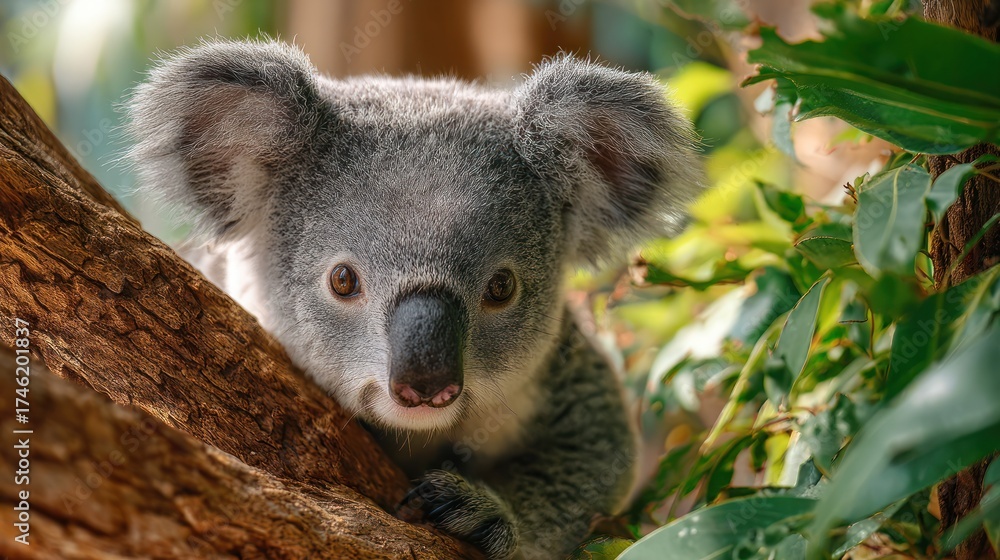 Naklejka premium Koala bear portrait in natural habitat resting amongst foliage
