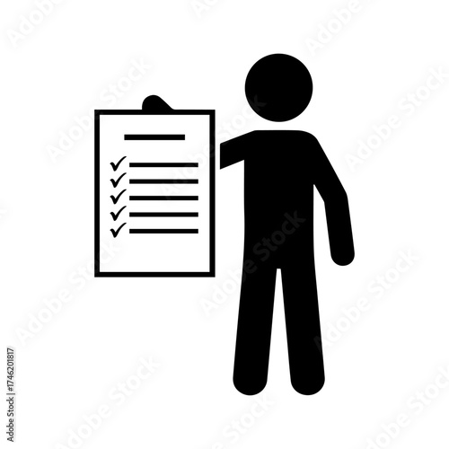 Stick figure holding a checklist clipboard, black vector icon representing task management, productivity, business planning, and organization in minimal design.