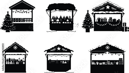 Black silhouette holiday market stall vector set, Christmas booth icons, festive decor design, printable seasonal artwork, winter celebration illustration