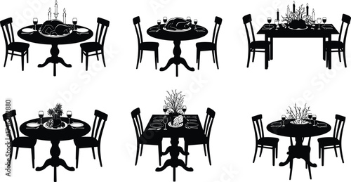 Black silhouette dining table vector set, festive meal icons, holiday celebration design, Thanksgiving dinner artwork, printable food presentation illustration