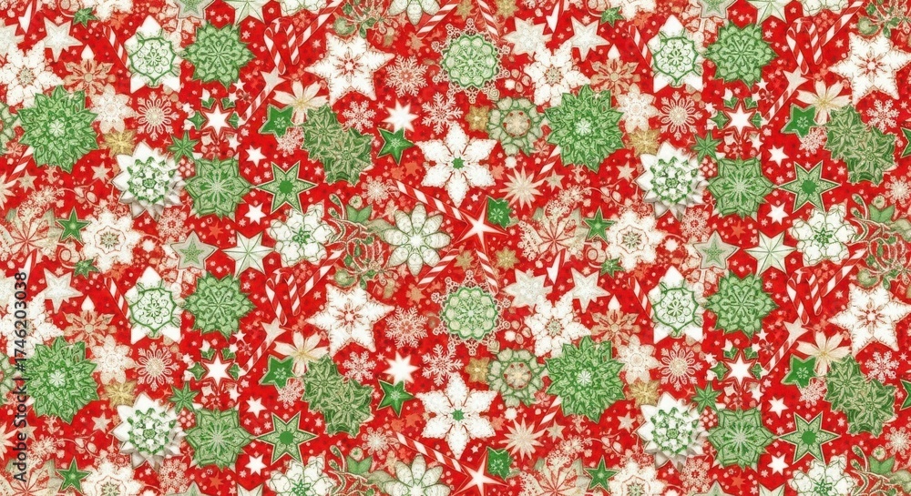 A red and green patterned fabric with snowflakes and stars