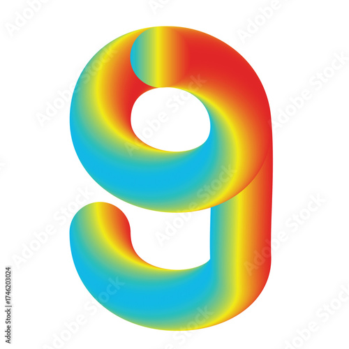 Vibrant rainbow gradient number nine illustration or Colorful 3D Gradient Abstract Ribbon Shape of g