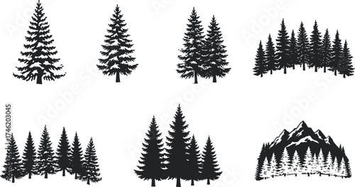 Black silhouette conifer tree and mountain vector set, forest landscape icons, nature scenery design, printable outdoor artwork, wilderness illustration