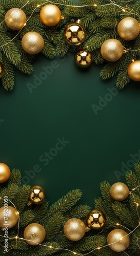 A green background with gold balls and a gold frame