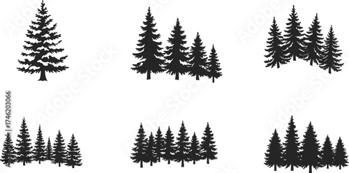 Black silhouette conifer tree cluster vector set, pine forest icons, nature landscape design, printable outdoor artwork, evergreen scenery illustration