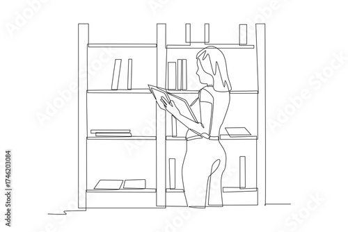 Woman looking for books on bookshelf. Browsing racks concept one-line drawing