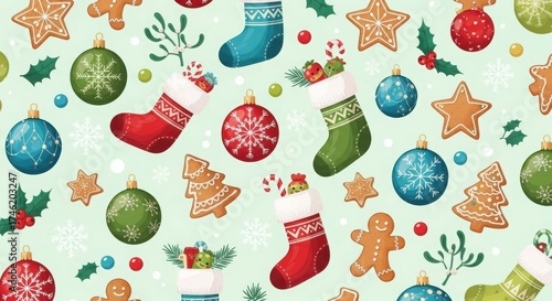 A Christmas themed pattern with many different colored ornaments and a star
