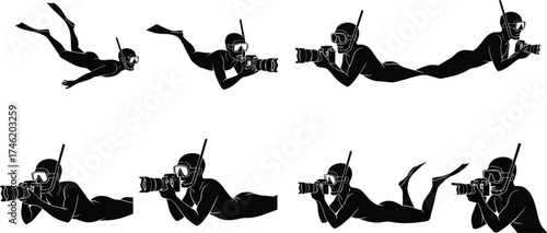 Underwater photographer silhouette, snorkeler with camera, diving pose, marine exploration, fins and mask, o