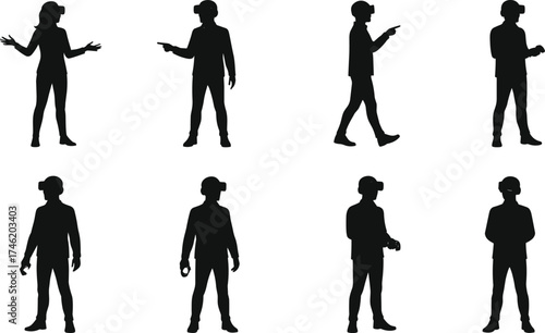 Virtual reality headset silhouette, immersive tech interaction, VR user poses, digital experience, futuristic gesture,
