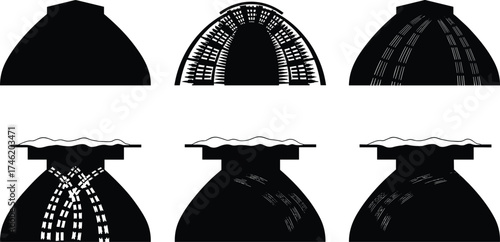 Volcano silhouette illustrations, geological cone structures, lava flow patterns, tectonic formations,